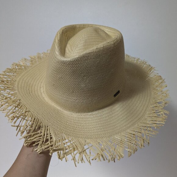 BNWT Brixton Jo Straw Frayed Fedora Hat Honey Size Medium - Picture 1 of 4